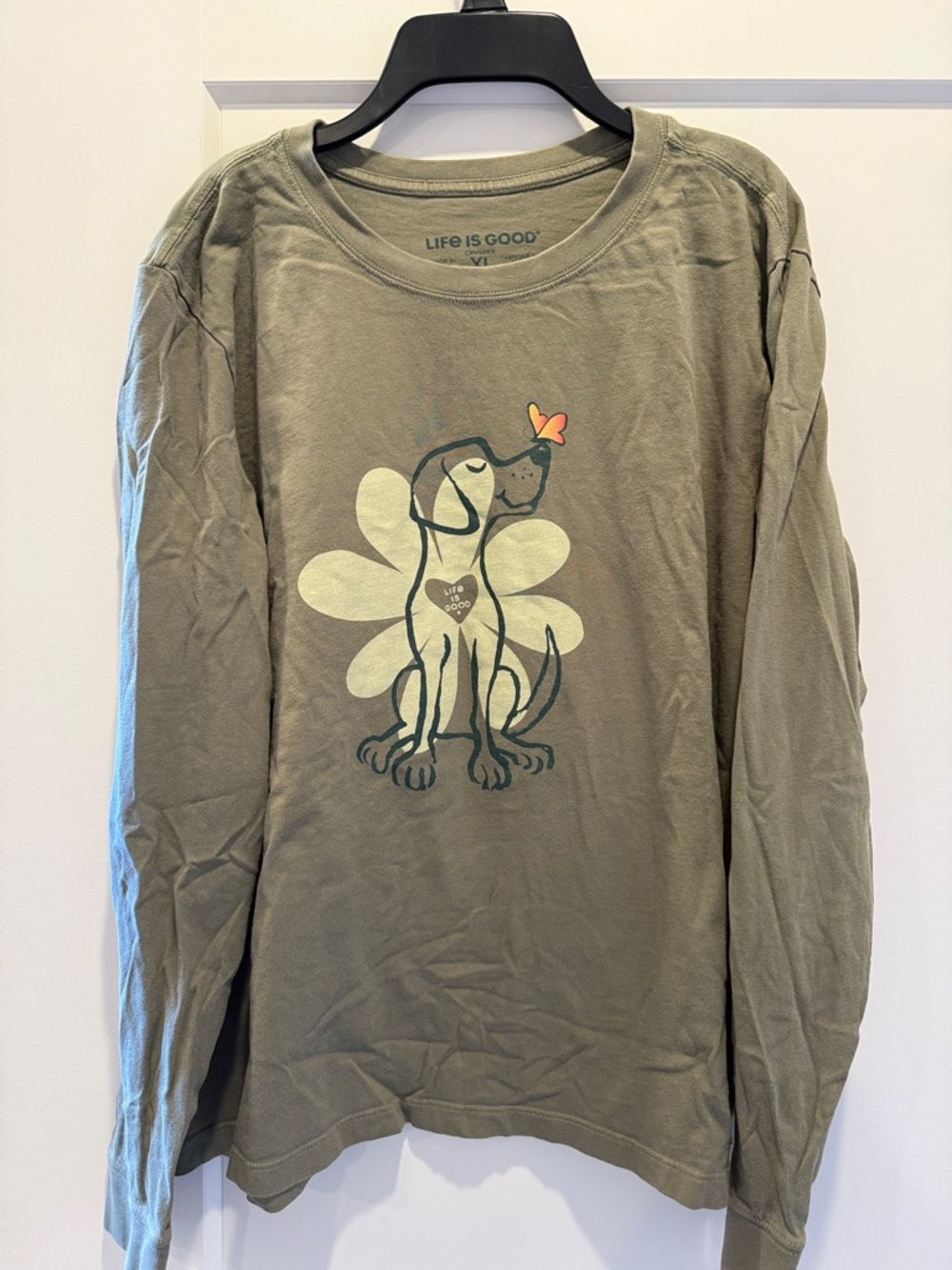 Life Is Good Olive Green Long-Sleeve Tee with Dog & Butterfly Graphic